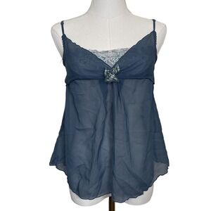 Sheer Lace Trim Babydoll Cami Top Blue Floral Embroidered Bow M Y2K Fairy Grunge